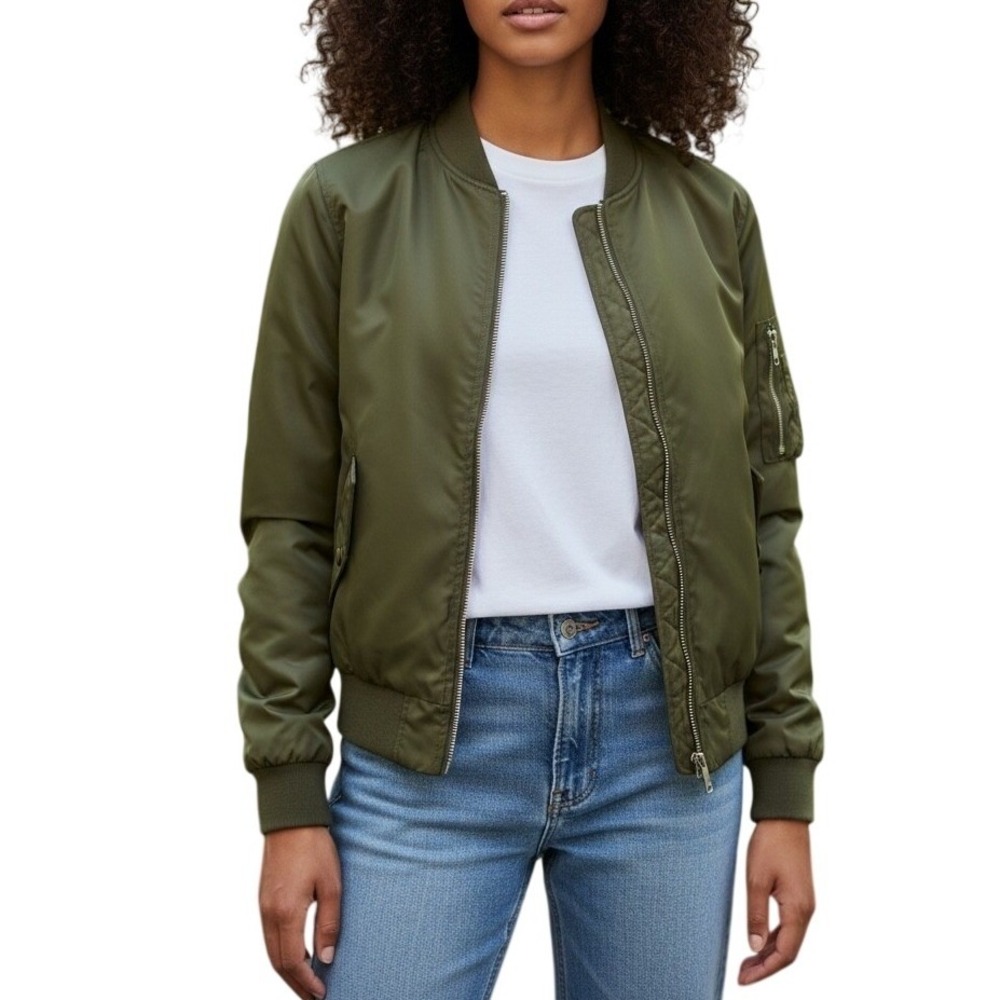 Joujou Bomber Jacket Women Large Olive Green Faux Fur Lined Full Zip Utility